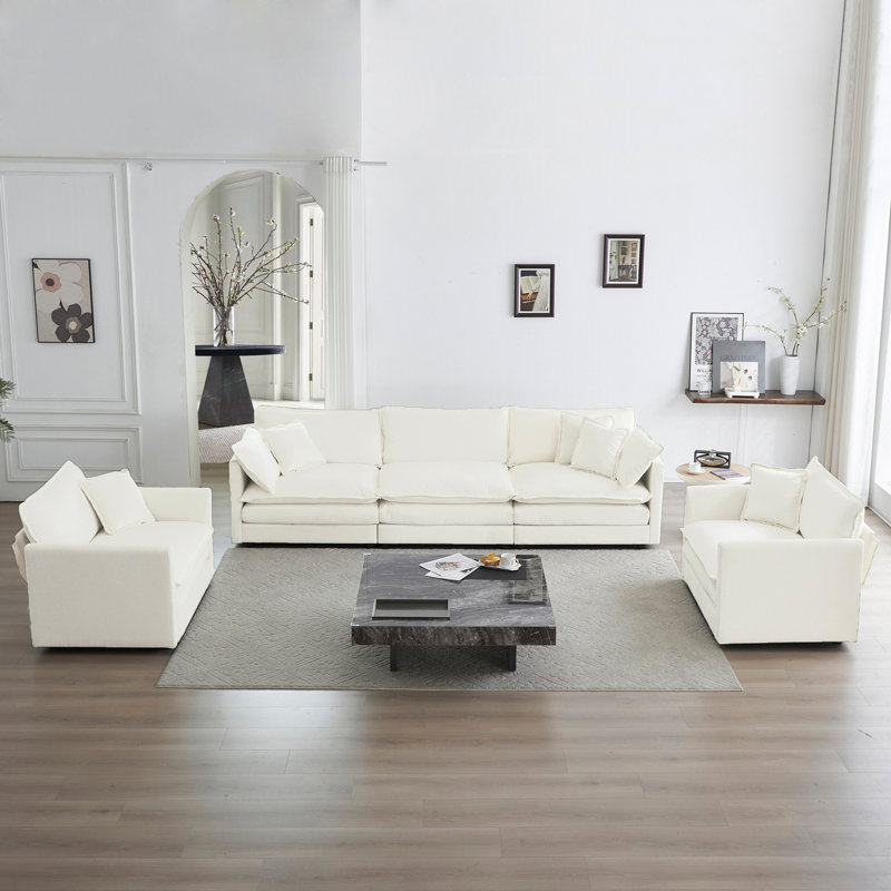Chenille blanche 3: construction, expérience de maison relaxante 3 pièces pour une utilisation en blanc: sièges 1 + 1 + 3, tissu, structure en bois, détente