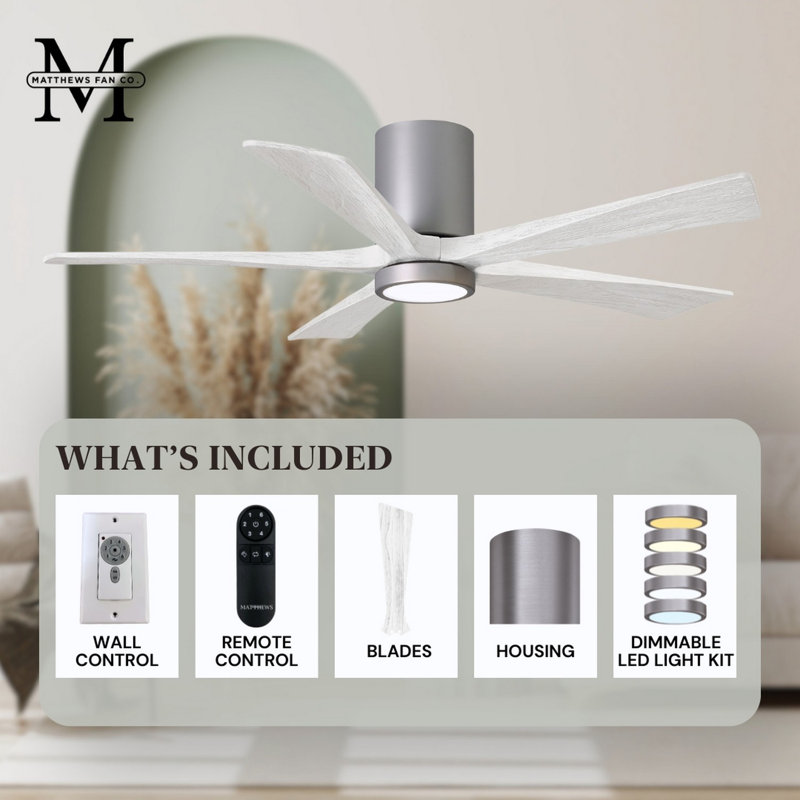 Irene 5 - Blade LED Ceiling Fan with Light Kit Included, Brushed Nickel, Matte White, 42"