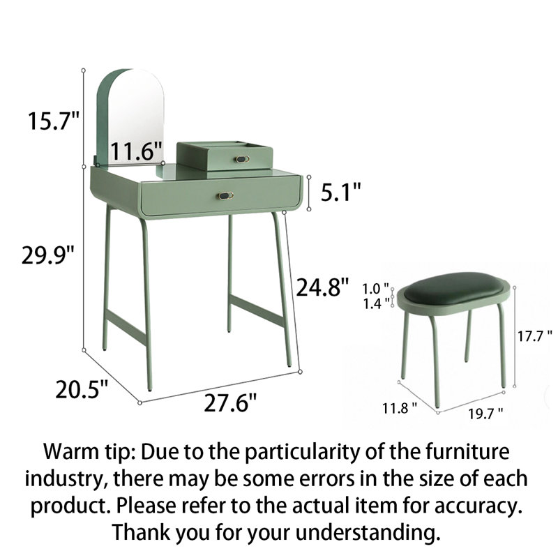 Ensemble de coiffeuse minimaliste au fini vert sauge et tabouret rembourré
