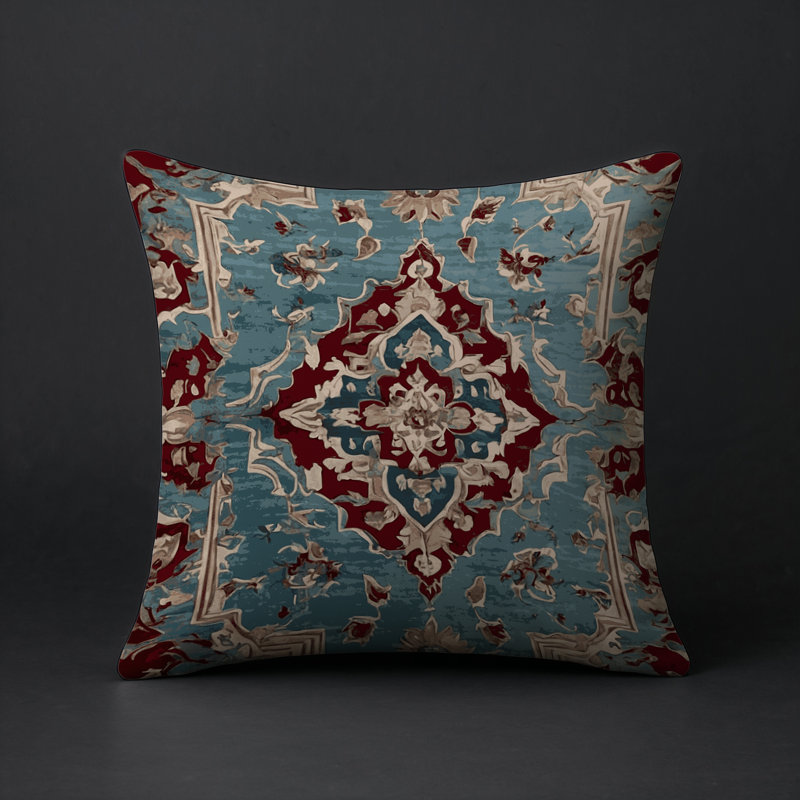 Coussin décoratif intérieur et extérieur Modern, Sarcelle clair / bleu turquoise / beige damassé, Carré 16 po