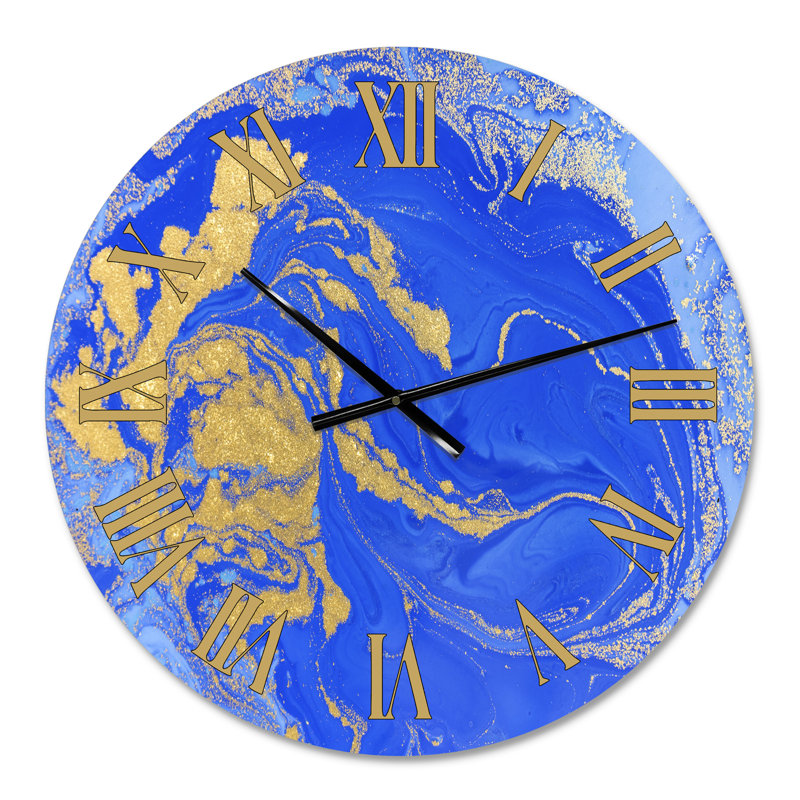 Or et bleu marbré texture ondulée III - horloge murale moderne, Petit