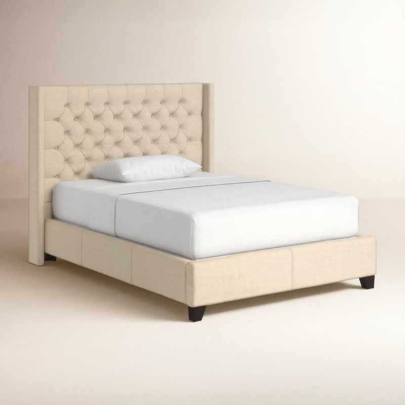 Lit tapissier capitonné standard à profil bas Kaster, Lin beige chiné, Double