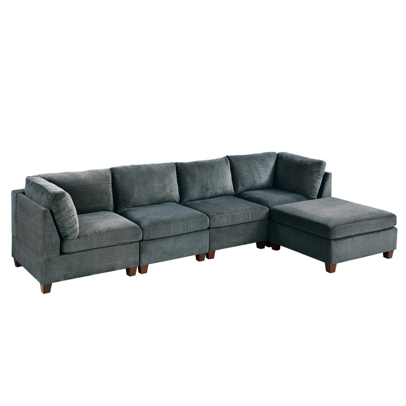 Tissu gris chenille - 5 pièces, chaise et base en bois