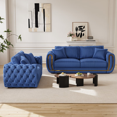  2 Piece Glitter Velvet Living Room Set Round Arm Sofa Set with Gold Accent
