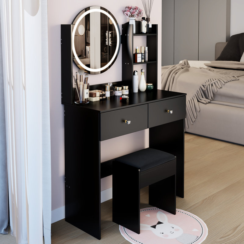 Ensemble de coiffeuse à miroir rond de 17 po à DEL avec tabouret à coussins souples, grand miroir, interrupteur tactile, 3 couleurs, luminosité réglable, grand bureau, rangement multicouche de grande capacité, convient aux petits espaces