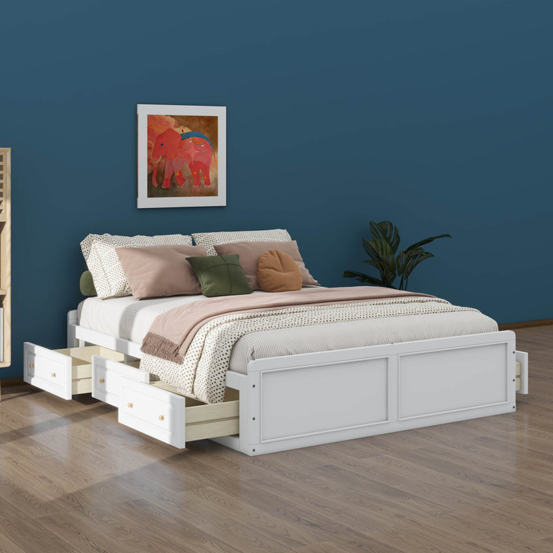 Structure de lit plateforme en bois grand format avec six tiroirs, Blanc