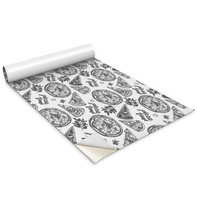 Black and White Pizza Motifs 1m x 50cm Matte Peel & Stick Wallpaper Roll