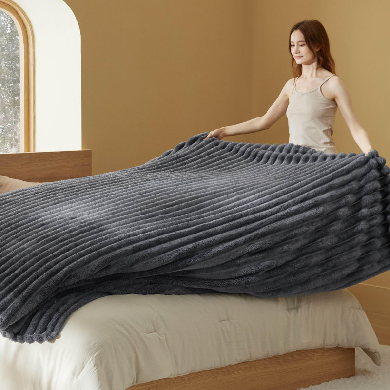Bedsure 349gsm Blanket For Couch - Super Soft Cozy Blankets, Cute Small Fleece Blanket, Wider Striped Design, Dark Gray, King