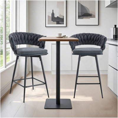 Two Sets Of Rotating High-Legged Stools With Breathable Cotton And Linen Cushions, Dark Gray Seats Paired With Black Spray-Painted Iron Frames, Suitable For Both Restaurants And Bars