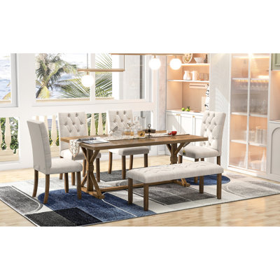 6 tables de salle à manger, 72 "rectangulaire avec 4 chaises et un banc, un magnifique revêtement en noyer et un banc