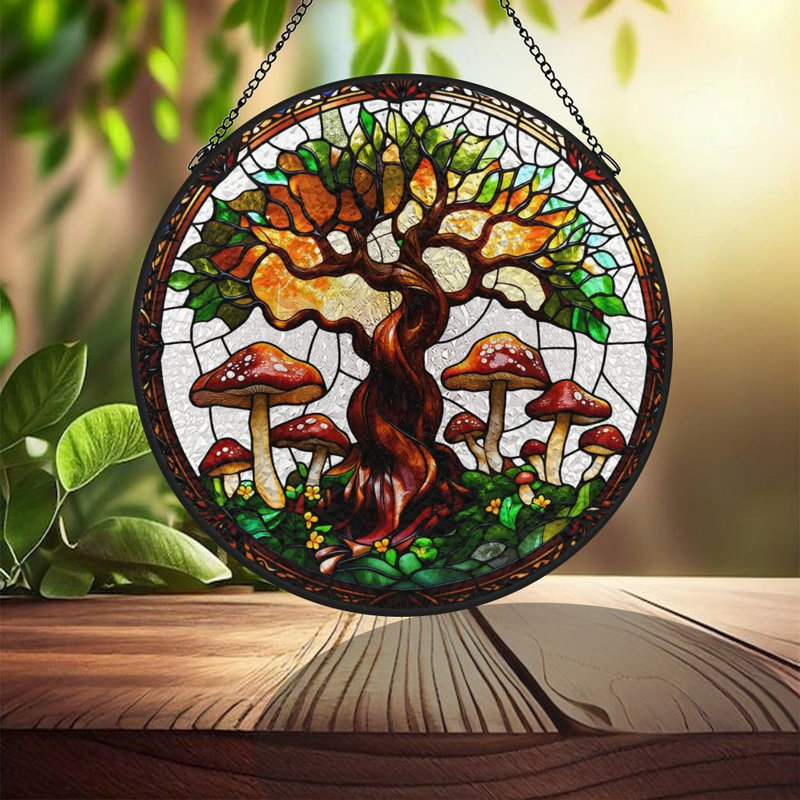 Arbre avec champignon vitrail pour fenêtre, 11,8 x 11,8 po (30 x 30 cm)