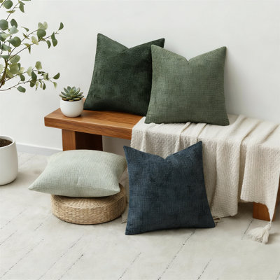 Set Of 4 18X18 Inch Green Chenille Throw Pillow Covers, Farmhouse Boho Accent For Sofa Or Bedroom