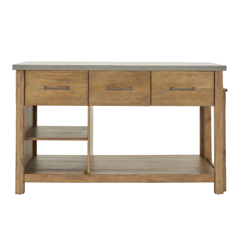 Tinka 3-Drawer Rectangle Pine Kitchen Island, Concrete Veneer, Natural