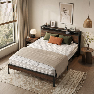 Queen Bed Frame with Headboard, Dark Walnut Finish, Strong Metal Supports, Sturdy, Noise-Free, No Box Spring Needed
