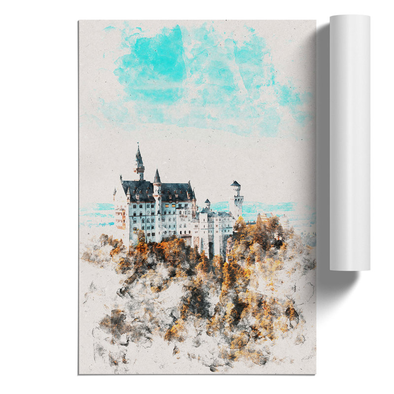 The Neuschwanstein Castle in Germany Watercolour - Frameless Print, 59cm H x 42cm W x 0.1cm D