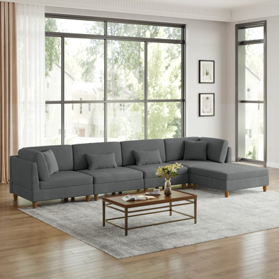 Seemab 5 - Piece Upholstered Gray Corduroy Modular Sectional with Pillow Back and Removable Ottoman