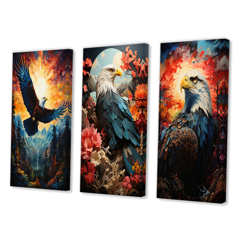 «Western Canyon Eagle Echoes Pointillism», 3 pièces sur toile, Cadre blanc, H 40 po x l 60 po