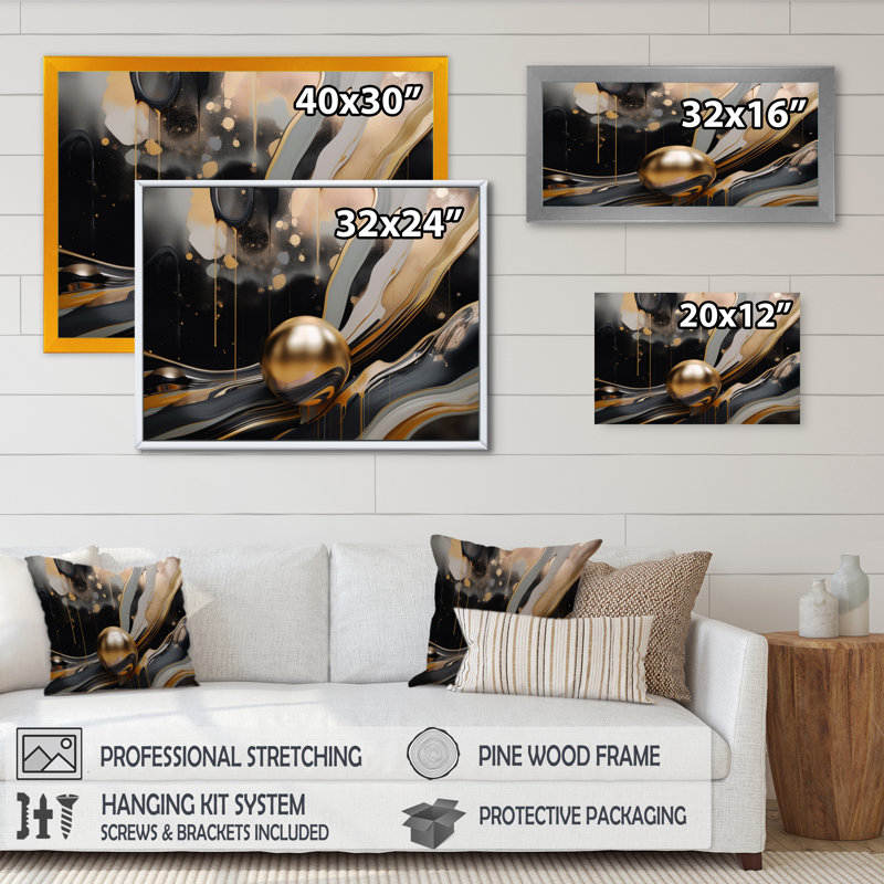 Marbre doré et noir Euphoria II - art mural abstrait en marbre, H 24 po x l 32 po x P 1 po, Cadre flottant noir