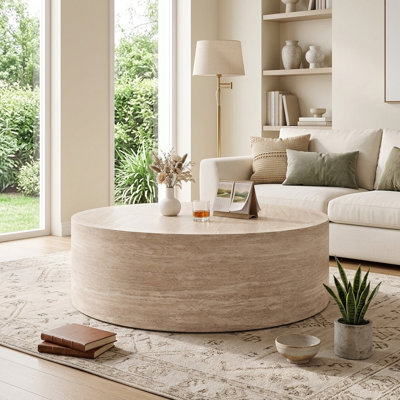 FFZ 39.37" Modern Marble Faux Round Coffee Table Fully Assembled with Waterproof Surface