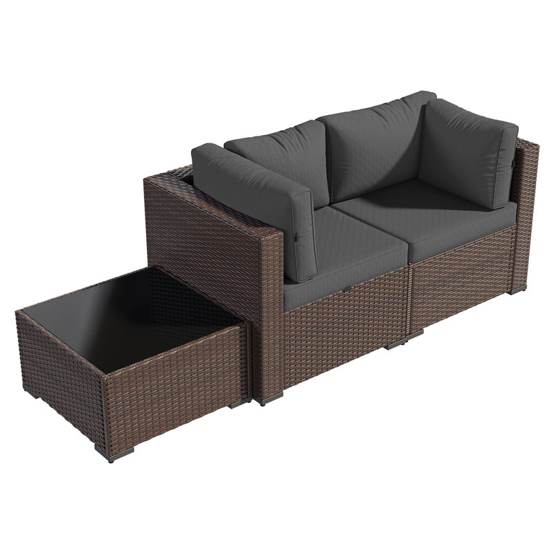 3 -Person Rattan Patio Safo With Cushions, Brown, Gray