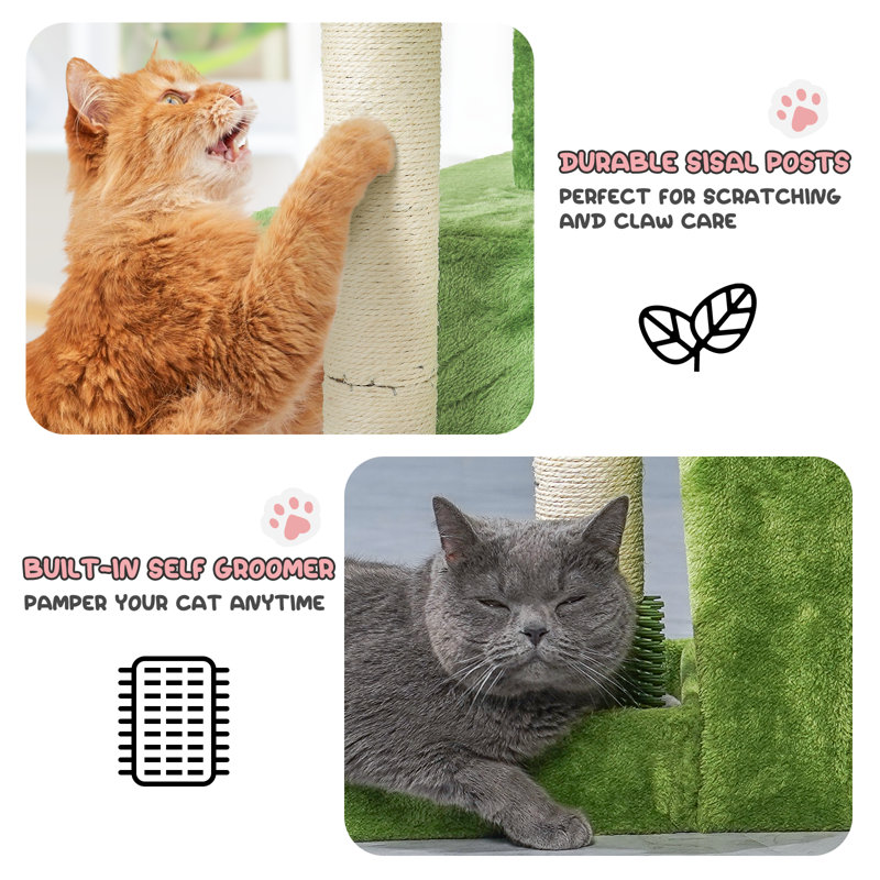 32" Green Cat Tree Tower with Leaf Design and Perch