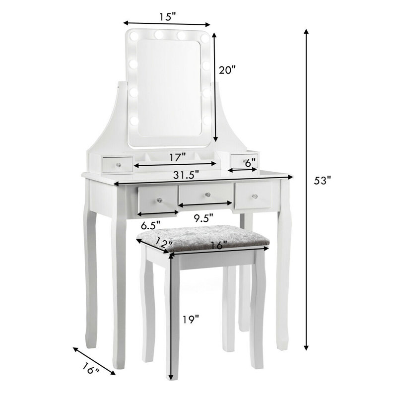 Ensemble coiffeuse et tabouret Aycock, Blanc