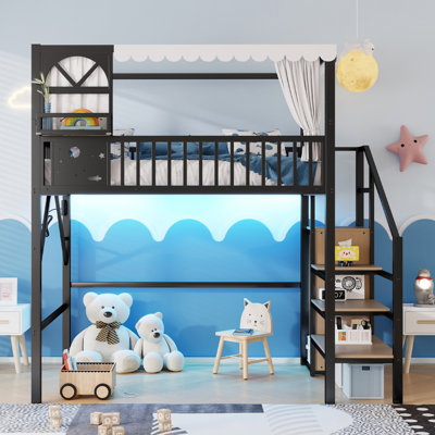 Lit mezzanine double en métal avec escalier de rangement, garde-robe et auvent de fenêtre, lit pour enfants, adolescents, noir