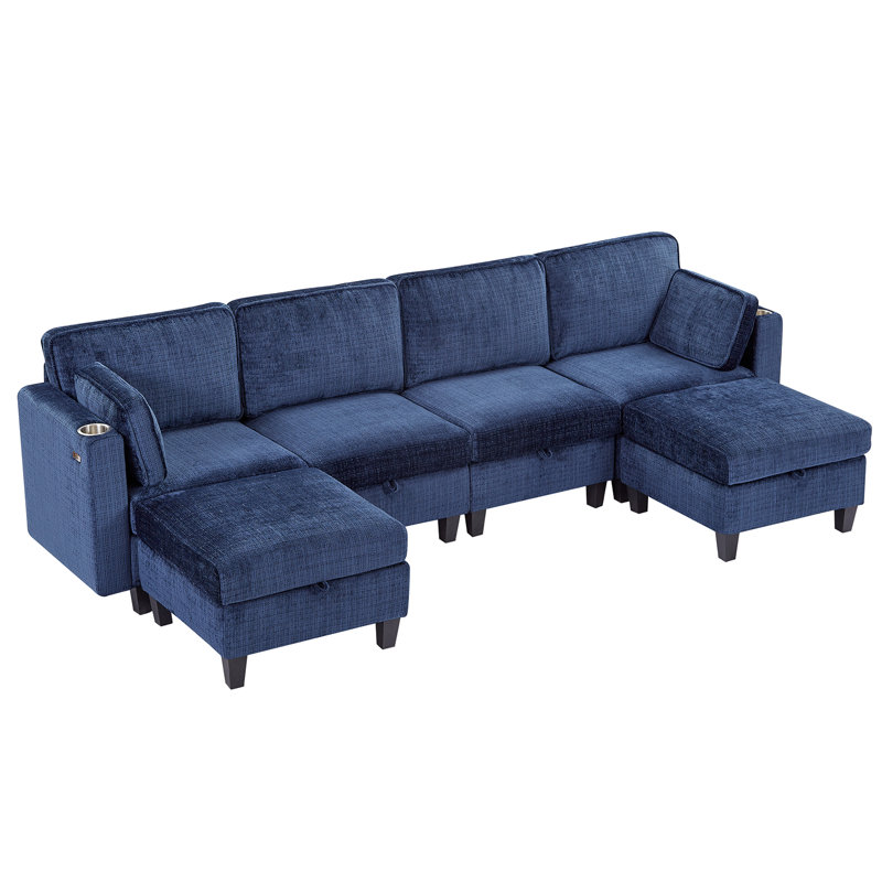 110" Blue Chenille U-Shaped Sectional Sofa with Storage and Cup Holder