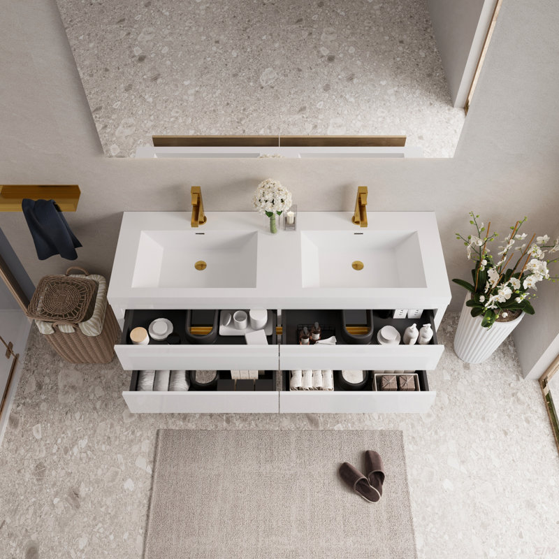 Meuble-lavabo mural avec double vasque, armoire de rangement flottante avec comptoir en résine de pierre et tiroirs à fermeture en douceur, brillant