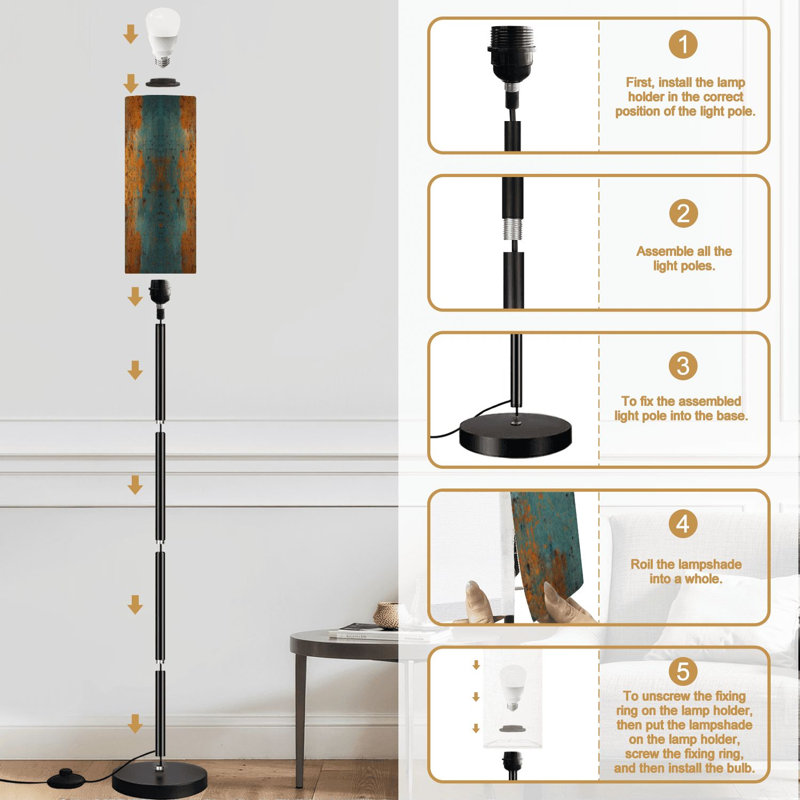 Lampe sur pied abstraite, sarcelle, rouille, orange, grunge, symétrique, industriel, gradué, lampe sur pied avec télécommande, interrupteur au pied, ampoule, abat-jour, grand lampadaire pour le salon, la chambre et le bureau