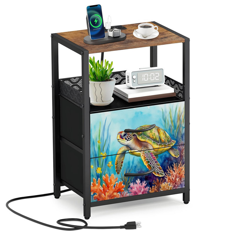 Table de chevet 2 tiroirs en tissu avec station de charge pour tortue de mer