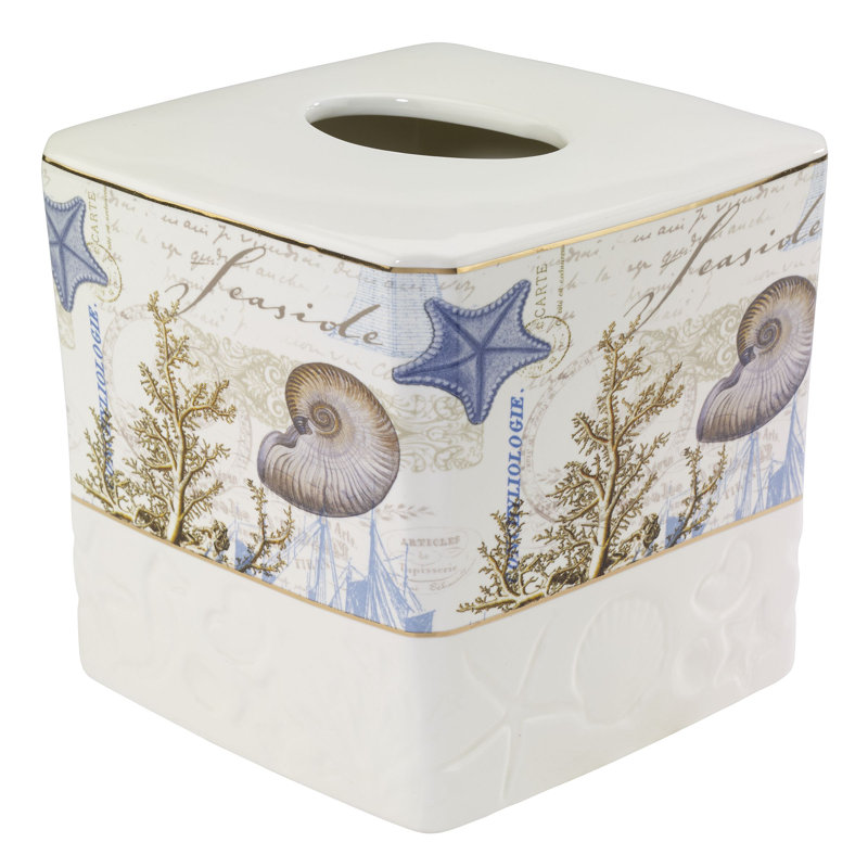 Antigua Coastal Ceramic Tissue Box Cover with Gold Trim