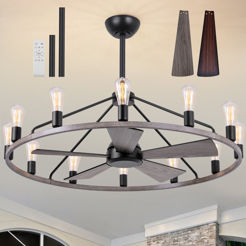 41" Wagon Wheel Chandelier Ceiling Fan, Wood