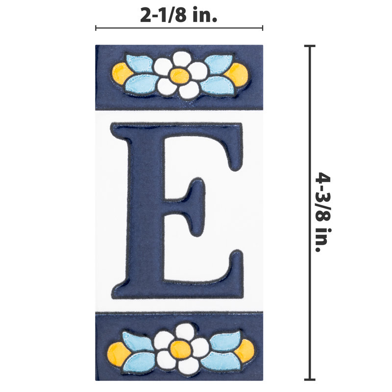 Sevillano 2.13" x 4.38" Ceramic Floral Address Letter Wall Tile in White/Blue