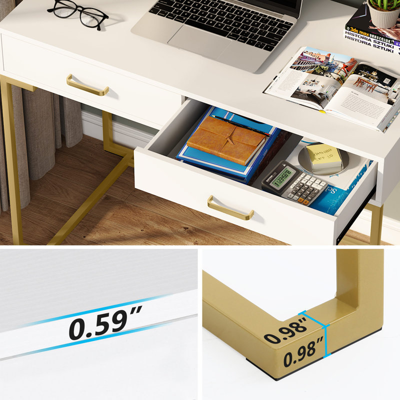 Bureau Secil avec 2 tiroirs Secil, Doré, H 29,92 po x l 39,37 po x P 19,68 po