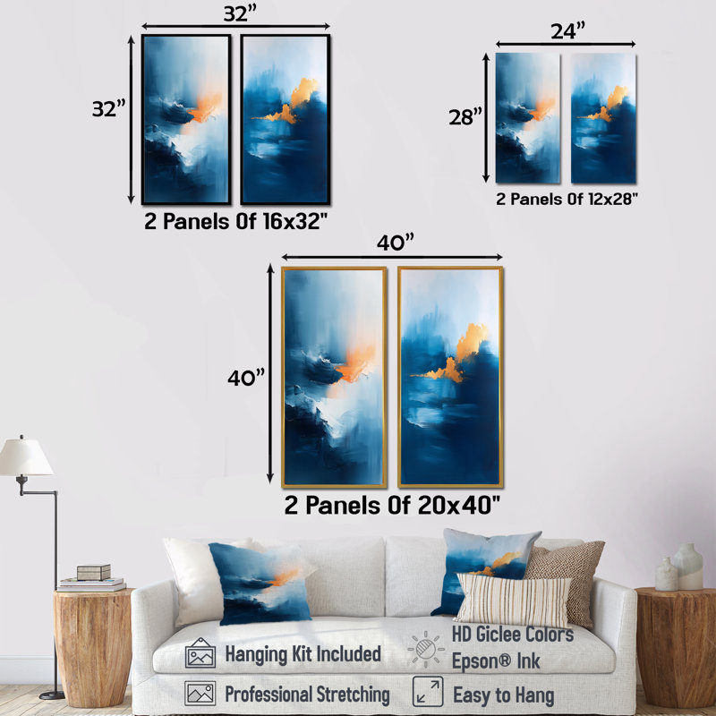 «Blue Minimalisme, paysage océanique III», ensemble de 2 art mural ligne minimaliste, H 28 po x l 24 po