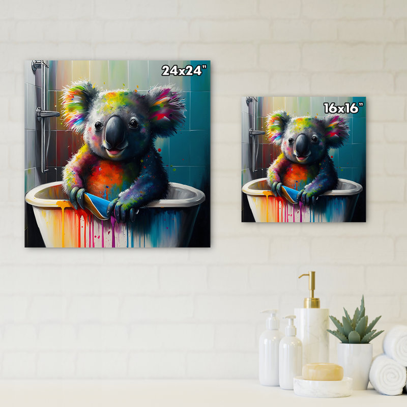 Drôle de koala coloré, éclaboussures dans la baignoire - animaux, art mural sur toile, L 24 po x H 24 po