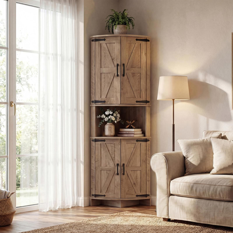 64.8"H Farmhouse Corner Cabinet with Doors, Adjustable Shelves, Triangle Storage Cabinet for Kitchen, Bathroom, Living Room