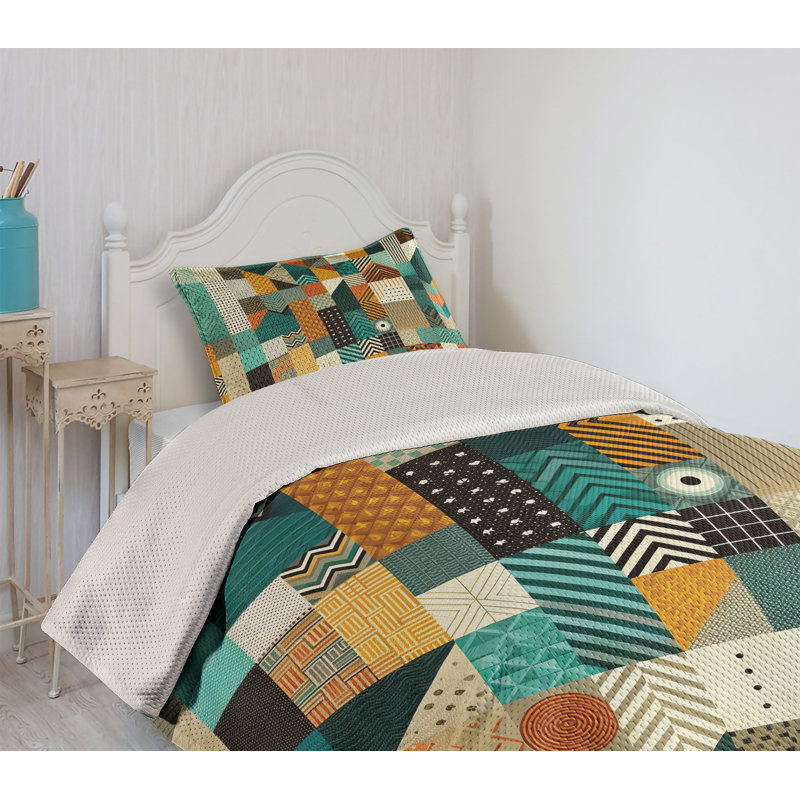Twin Blue and Orange Geometric Patchwork Coverlet Set