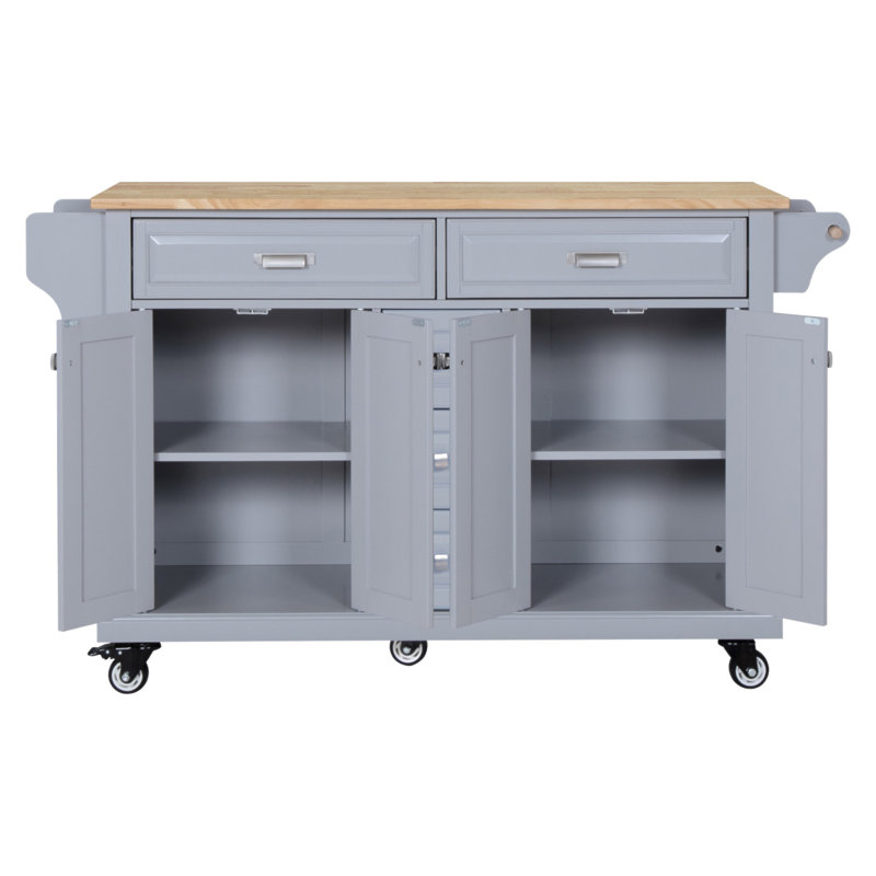 Kitchen Island With Rubber Wood Countertop, Kitchen Cart On 5 Wheels With Storage Cabinet And 5 Drawers For Dinning Room