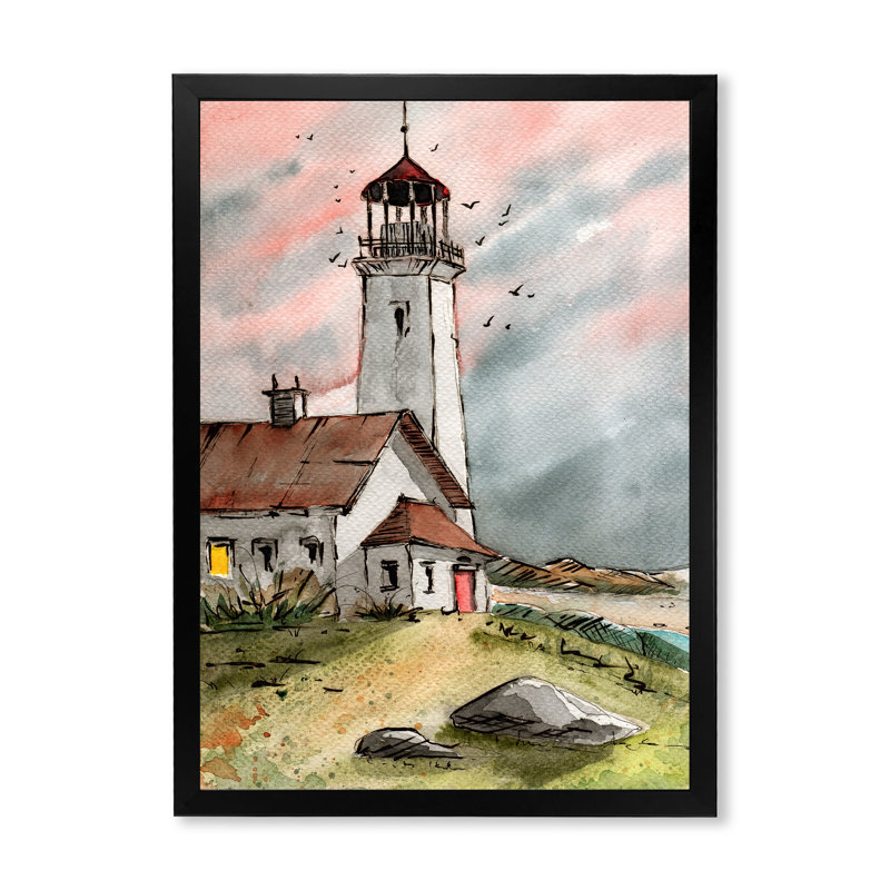 Phare sous un ciel gris rose - peinture sur toile, H 44 po x l 34 po x P 1,5 po, Cadre noir
