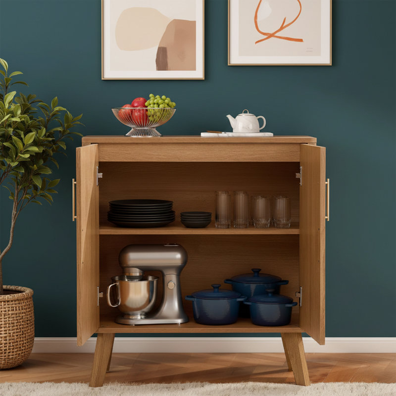 30" Wide Fluted Sideboard Buffet Cabinet With Adjustable Shelf And X-Shaped Base, Slim Console Table - Oak, Oak