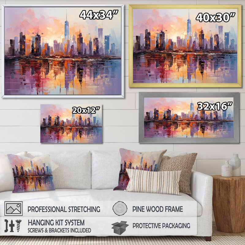 «Skyscrapers Giants Plastel II», reproduction sur toile, H 34 po x l 44 po x P 1,5 po, Encadrement doré
