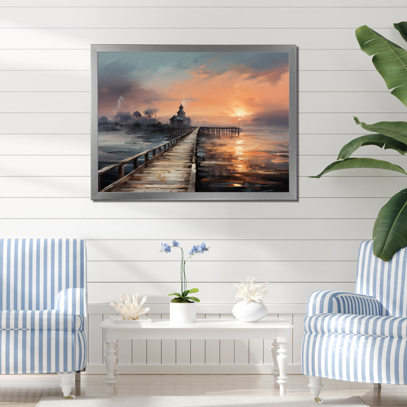 «Pier Misty», art mural sur toile, «Misty Morning», H 34 po x l 44 po x P 1,5 po, Cadre simple argenté