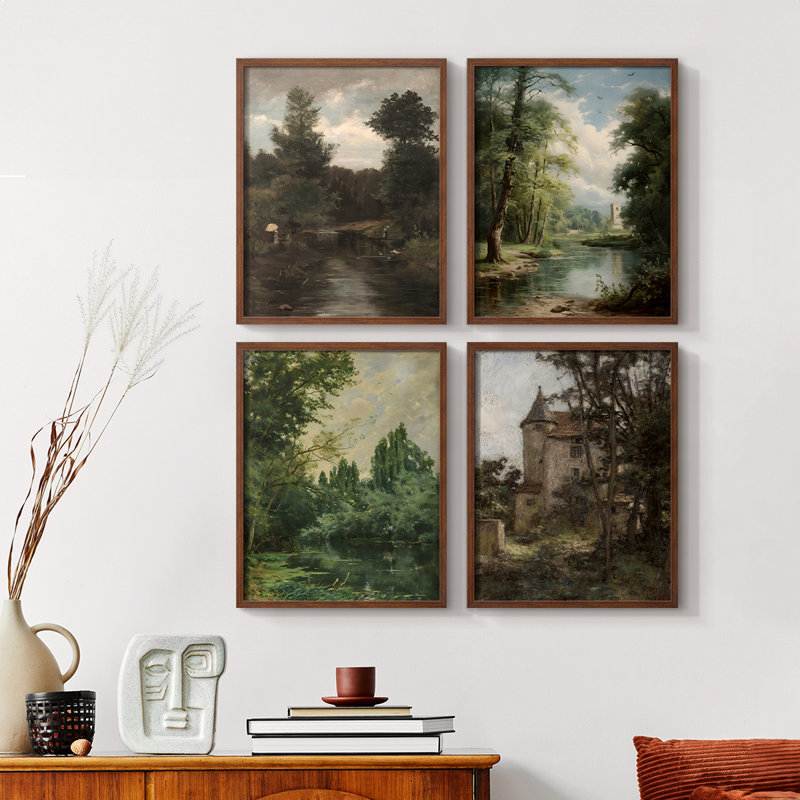 «Vintage Landscape CXCVII», 4 pièces sur papier, H 10 po x l 32 po, Noyer