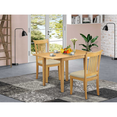 3 Piece Modern Dining Table Set Contains a Rectangle Wooden Table with Dropleaf and 2 Linen Fabric Kitchen Dining Chairs, Oak