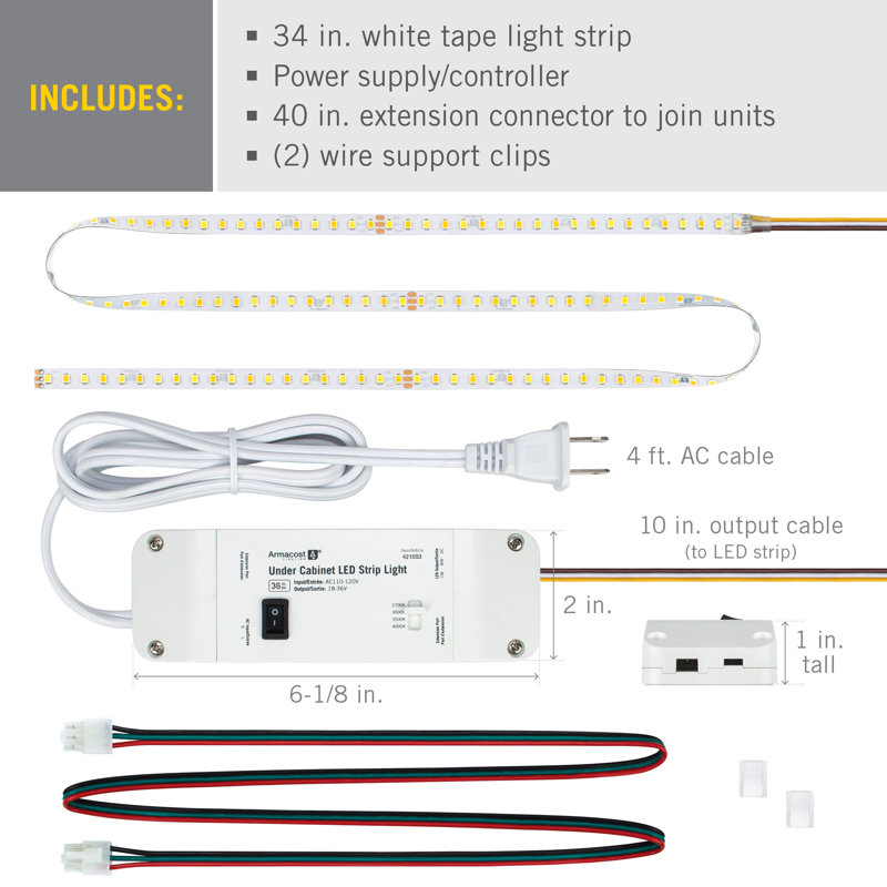 Luminaire à DEL blanc réglable sous l'armoire, H 7,3 po x L 34 po x P 0,2 po
