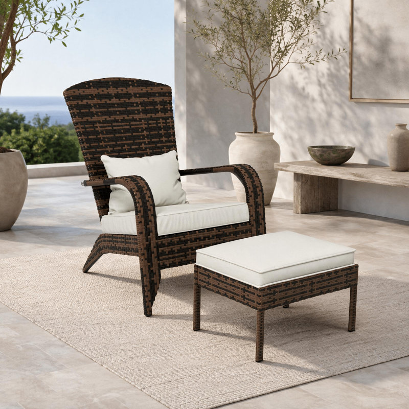 Ensemble de chaise Adirondack et repose-pieds en rotin PE de style classique avec coussins amovibles pour porche de terrasse et bord de piscine