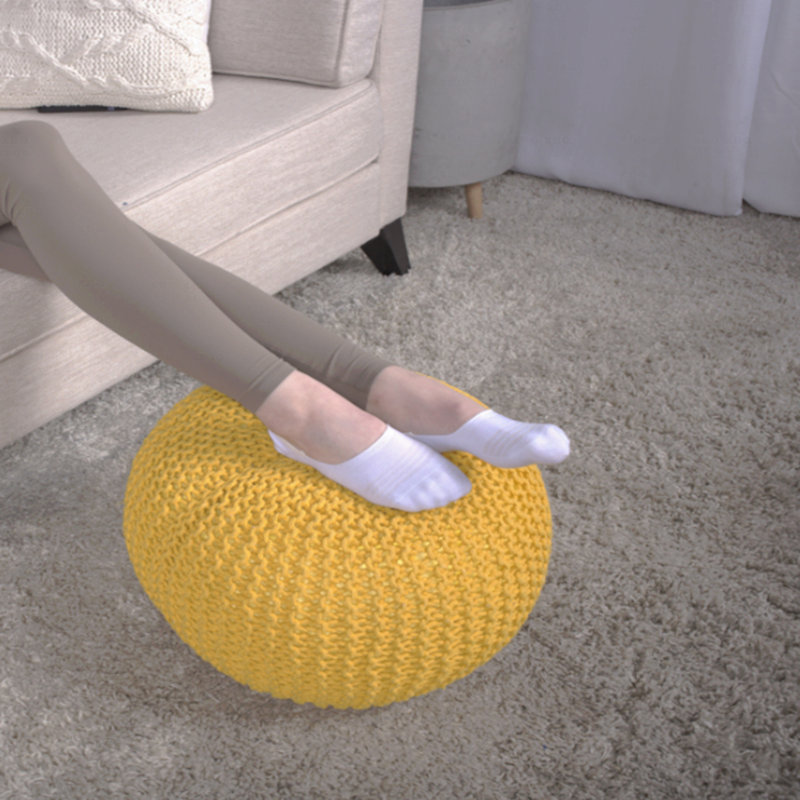 Cotton Upholstered Round Pouf Ottoman, Yellow