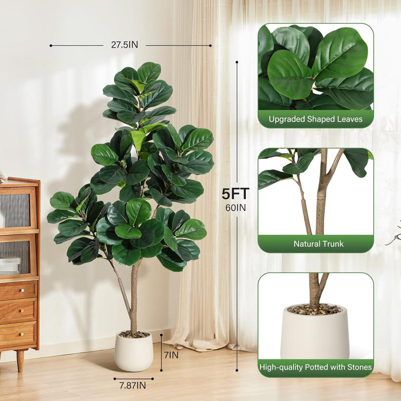 Ensemble de 2 arbres à figuier artificiel 5 pi, 2, 77 feuilles, jardinières blanches